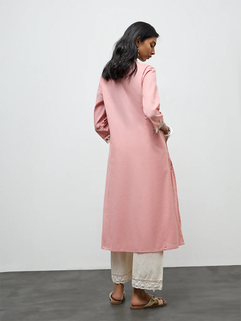 Utsa Pink Floral Embroidered A-line Cotton-Blend Kurta