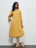 Utsa Mustard Floral Embroidered Cotton-Blend A-Line Kurta
