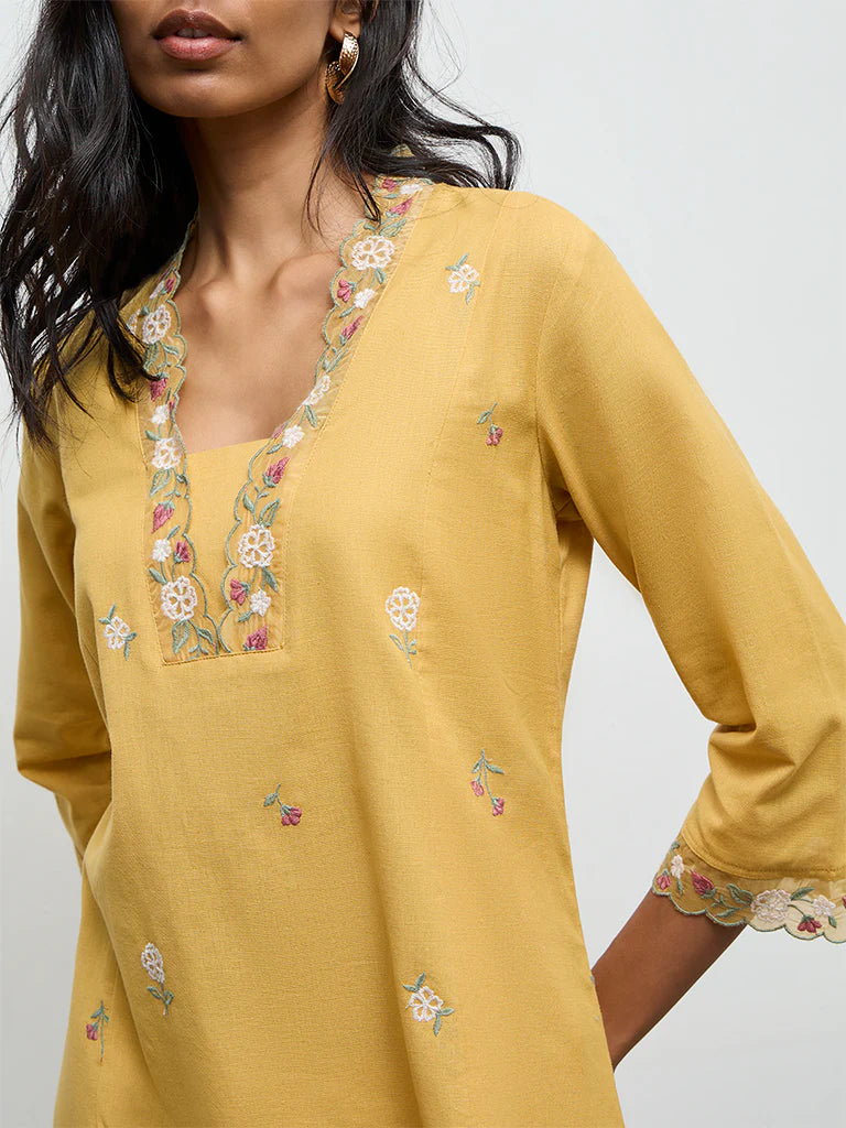 Utsa Mustard Floral Embroidered Cotton-Blend A-Line Kurta
