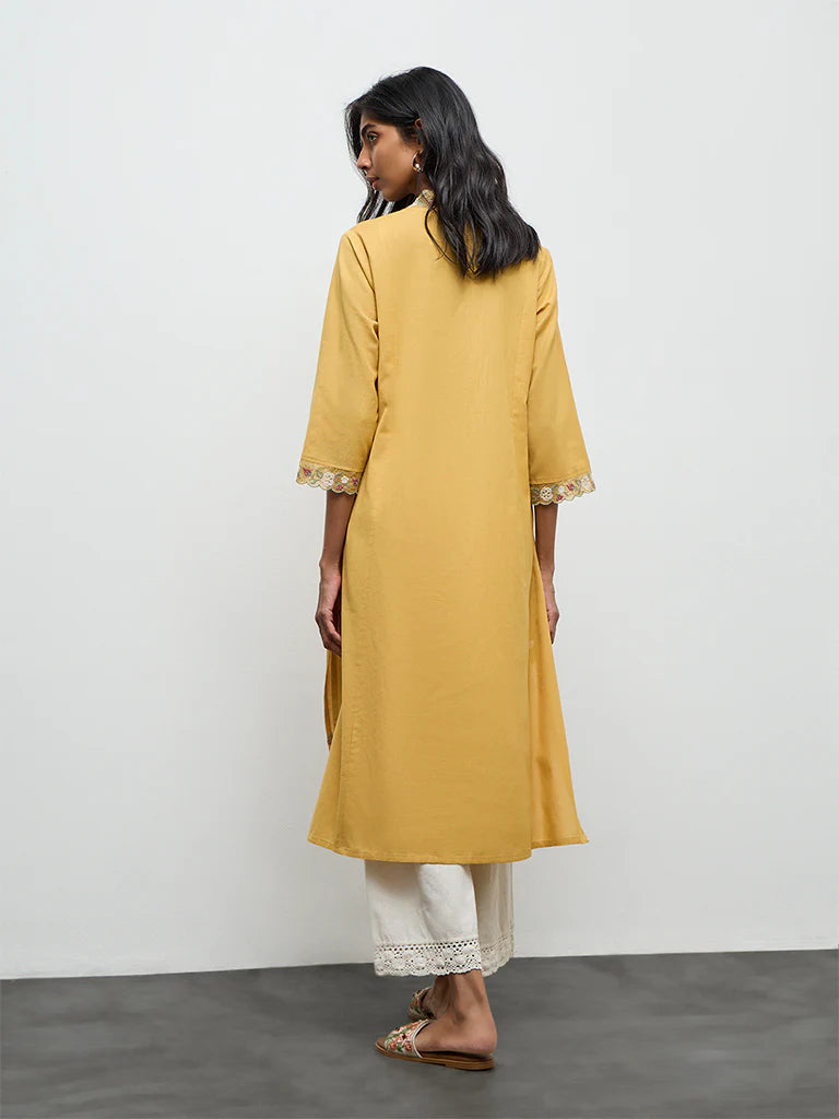 Utsa Mustard Floral Embroidered Cotton-Blend A-Line Kurta
