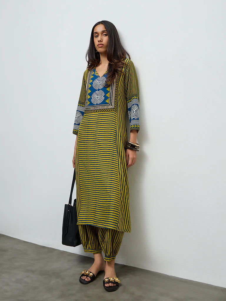 Utsa Olive Striped A-Line Kurta
