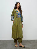 Utsa Olive Striped A-Line Kurta