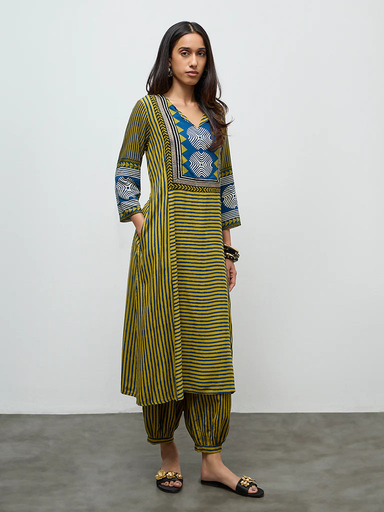 Utsa Olive Striped A-Line Kurta