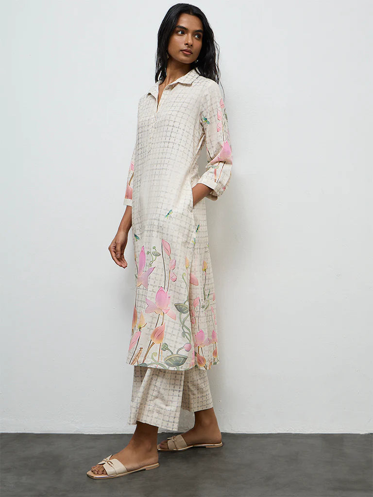 Utsa Off-White Floral Printed A-Line Kurta