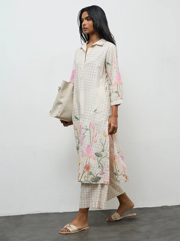 Utsa Off-White Floral Printed A-Line Kurta