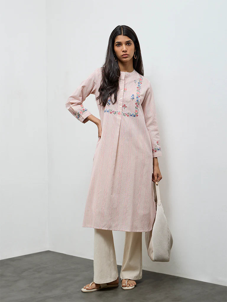 Utsa Pink Striped Cotton-Blend A-Line Kurta
