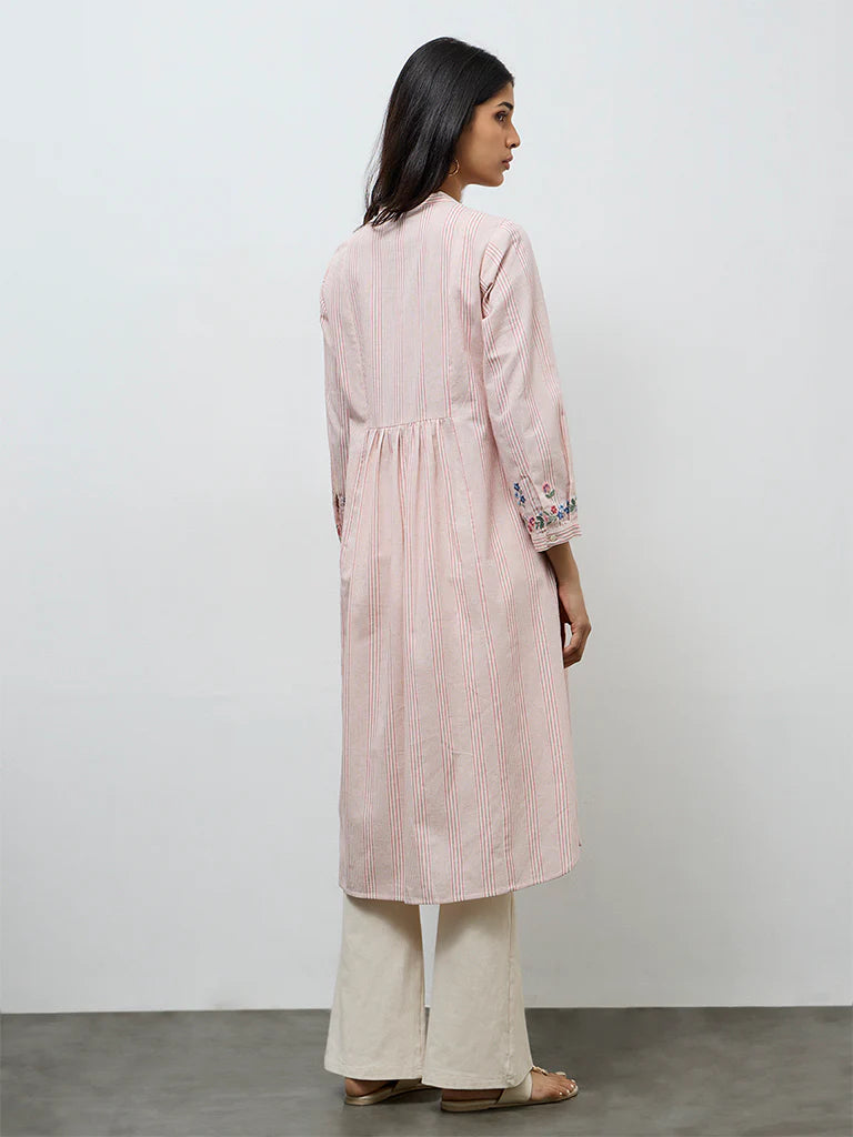 Utsa Pink Striped Cotton-Blend A-Line Kurta