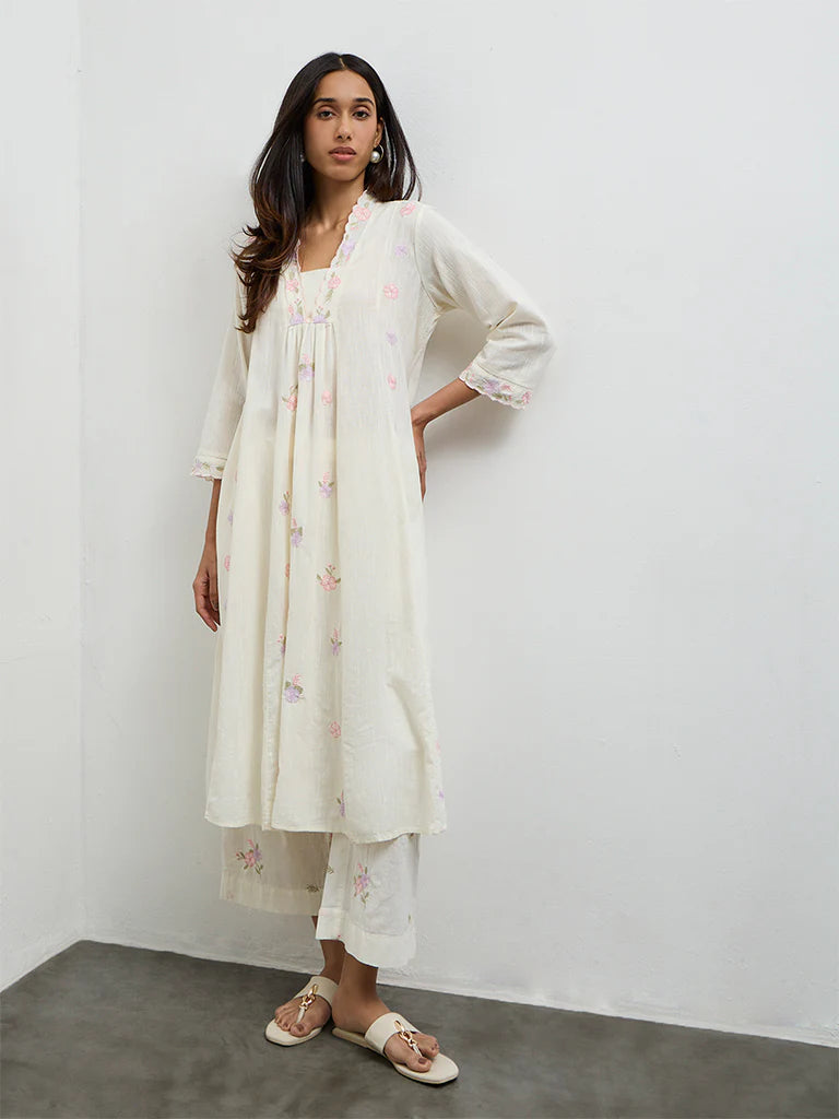 Utsa Off-White Floral Embroidered Cotton-Blend A-Line Kurta