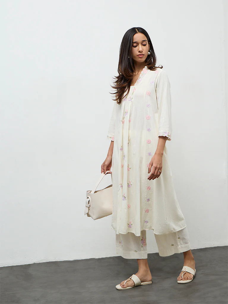 Utsa Off-White Floral Embroidered Cotton-Blend A-Line Kurta