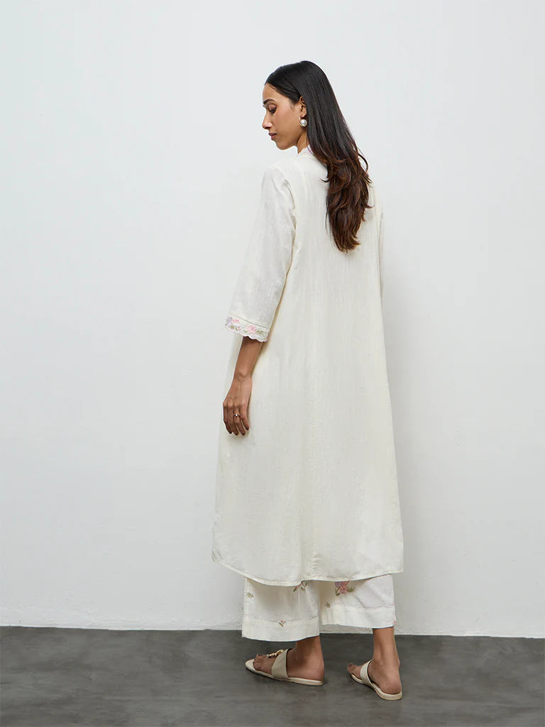 Utsa Off-White Floral Embroidered Cotton-Blend A-Line Kurta