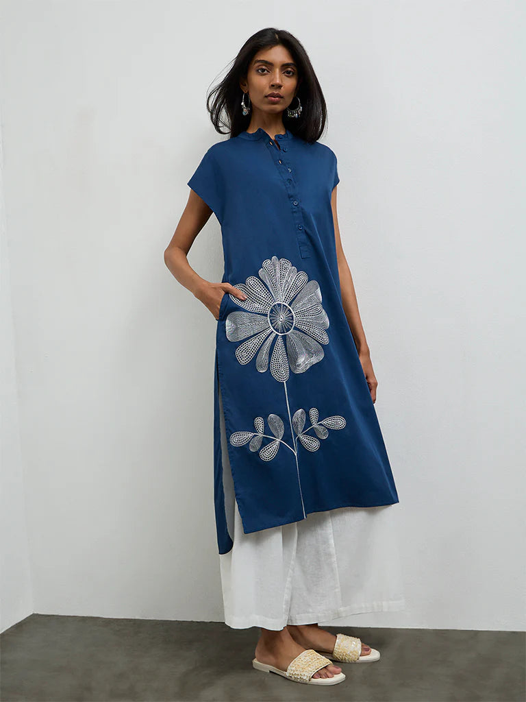 Utsa Indigo Floral Embroidered Cotton A-Line Kurta