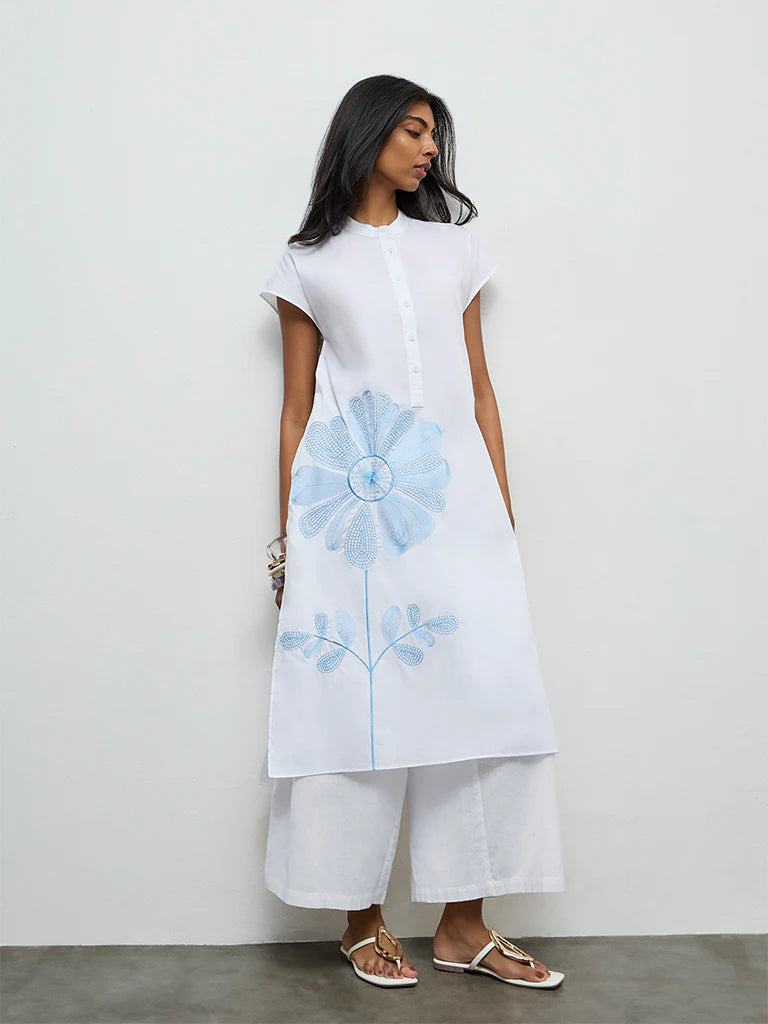Utsa White Floral Embroidered Cotton A-Line Kurta