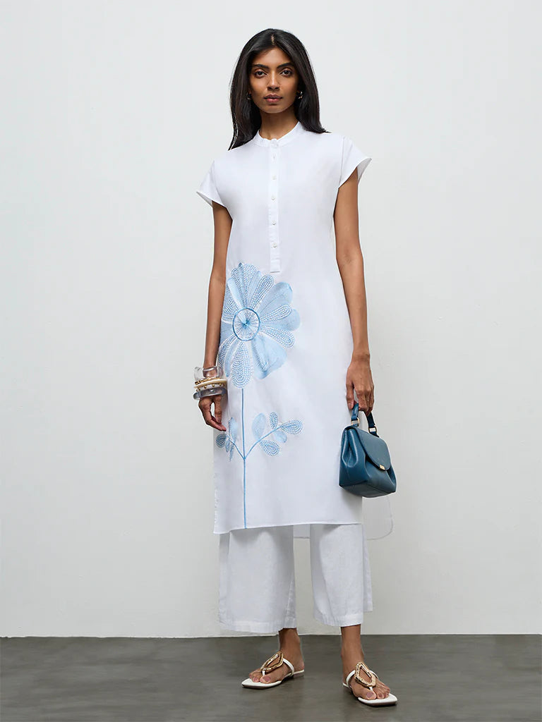 Utsa White Floral Embroidered Cotton A-Line Kurta