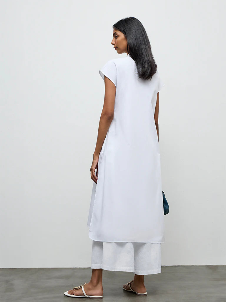 Utsa White Floral Embroidered Cotton A-Line Kurta