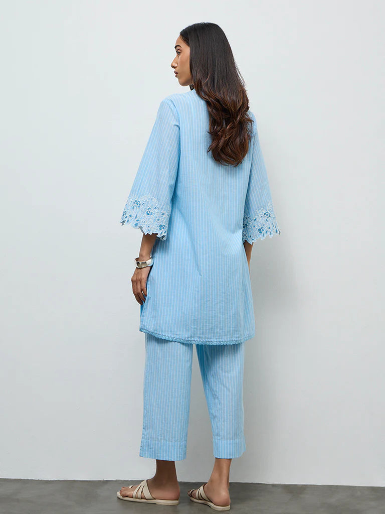 Utsa Blue Striped Straight Cotton Kurta