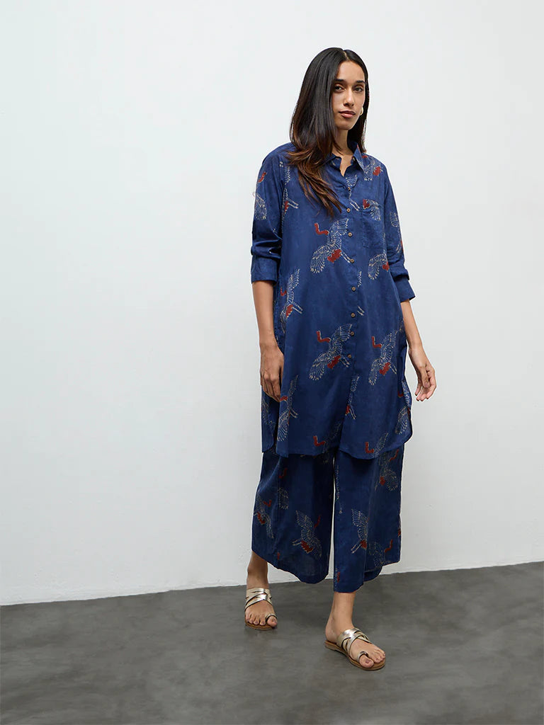 Utsa Indigo Bird Printed Cotton A-Line Kurta