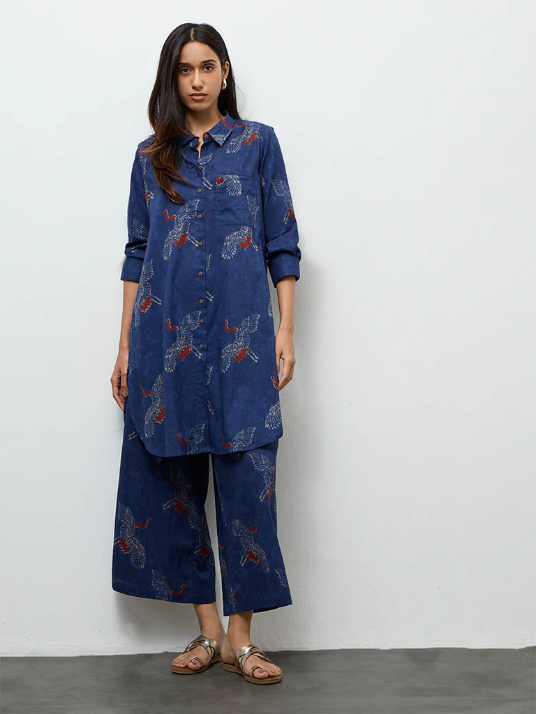 Utsa Indigo Bird Printed Cotton A-Line Kurta