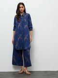 Utsa Indigo Bird Printed Cotton A-Line Kurta