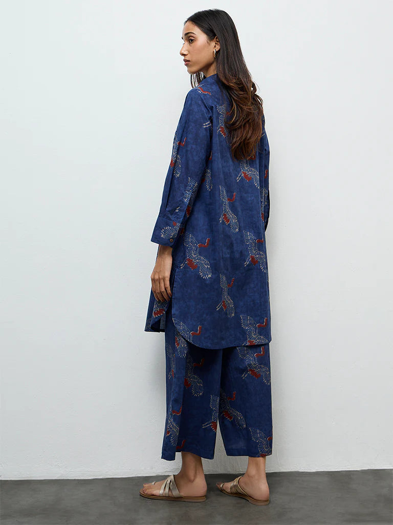 Utsa Indigo Bird Printed Cotton A-Line Kurta