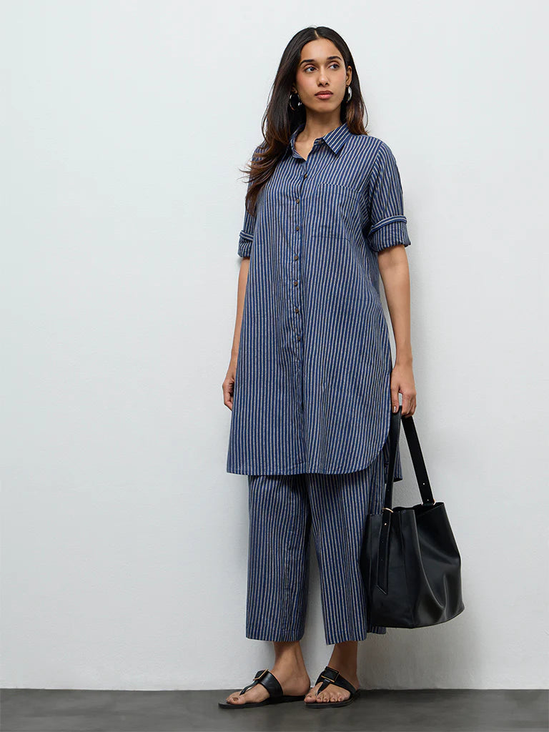 Utsa Indigo Striped Cotton A-Line Kurta