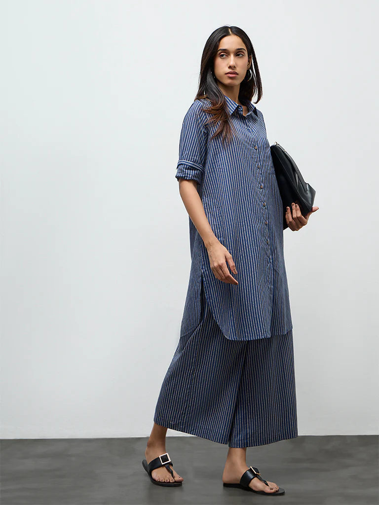 Utsa Indigo Striped Cotton A-Line Kurta