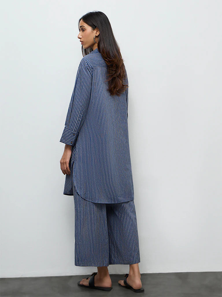 Utsa Indigo Striped Cotton A-Line Kurta