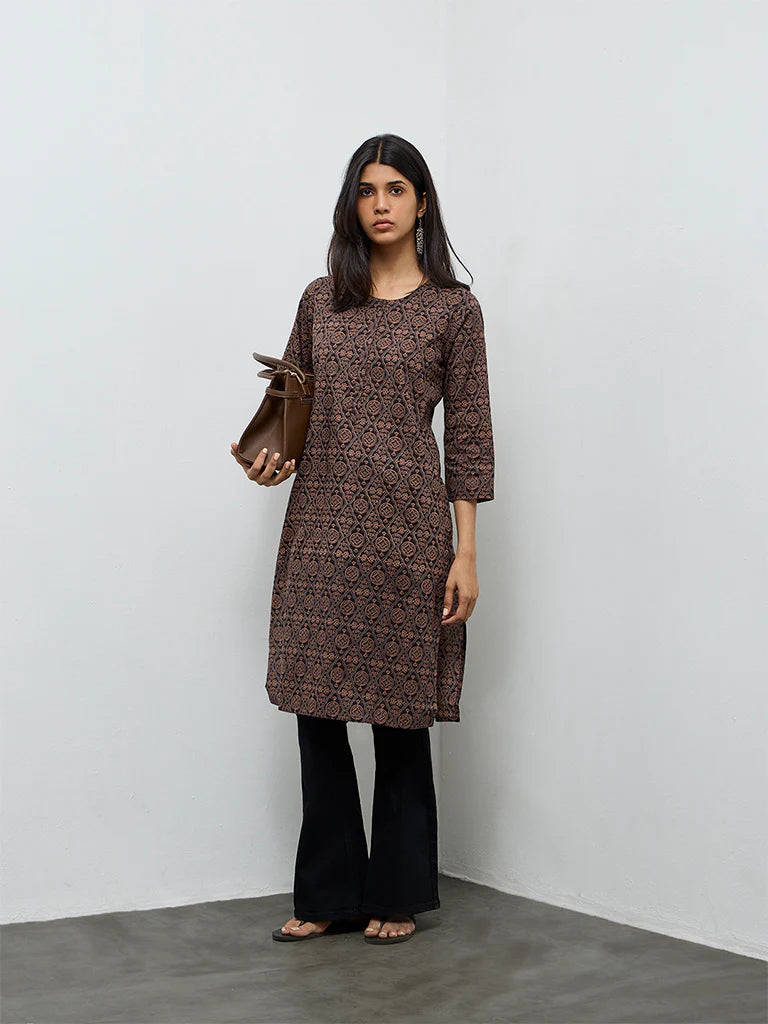 Utsa Brown Printed Cotton Straight Kurta