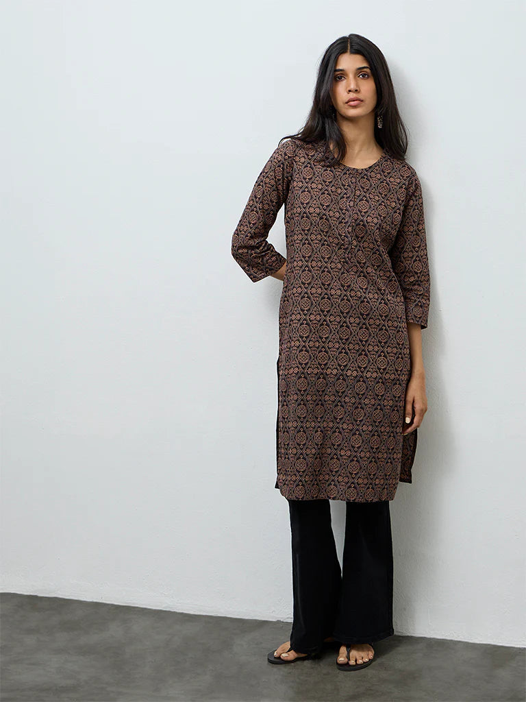 Utsa Brown Printed Cotton Straight Kurta