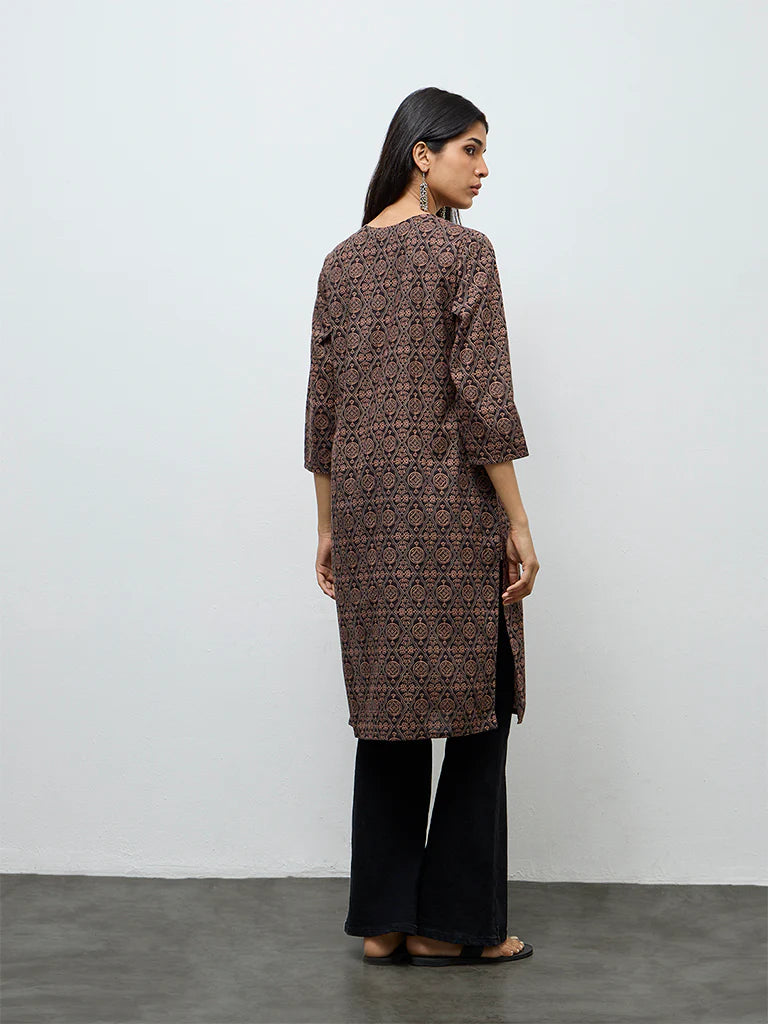 Utsa Brown Printed Cotton Straight Kurta