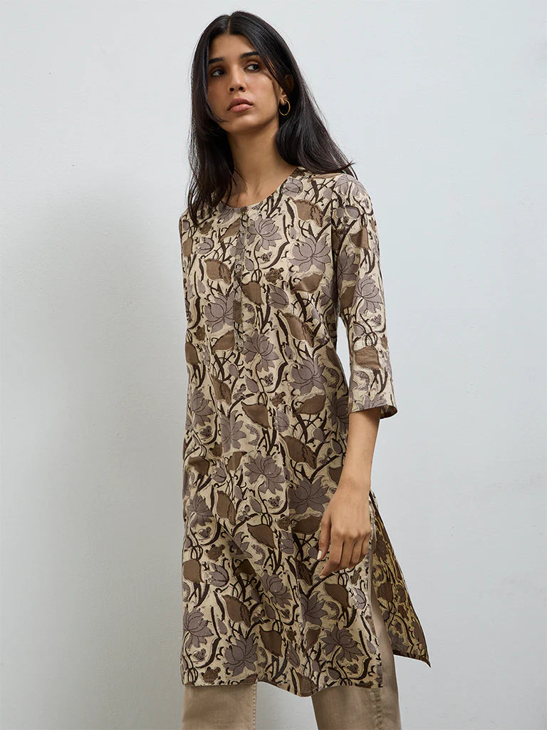 Utsa Grey Floral Printed Cotton Straight Kurta