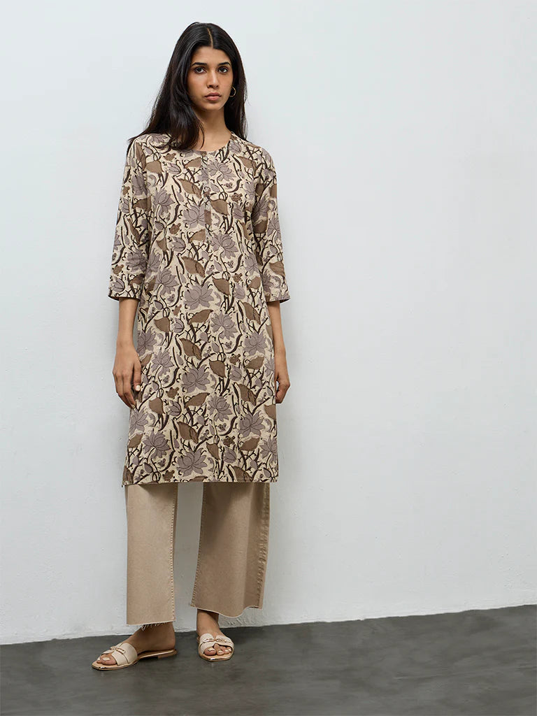 Utsa Grey Floral Printed Cotton Straight Kurta
