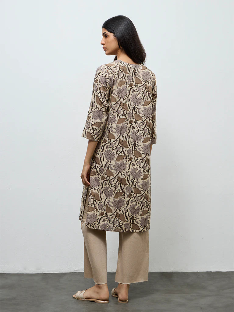 Utsa Grey Floral Printed Cotton Straight Kurta