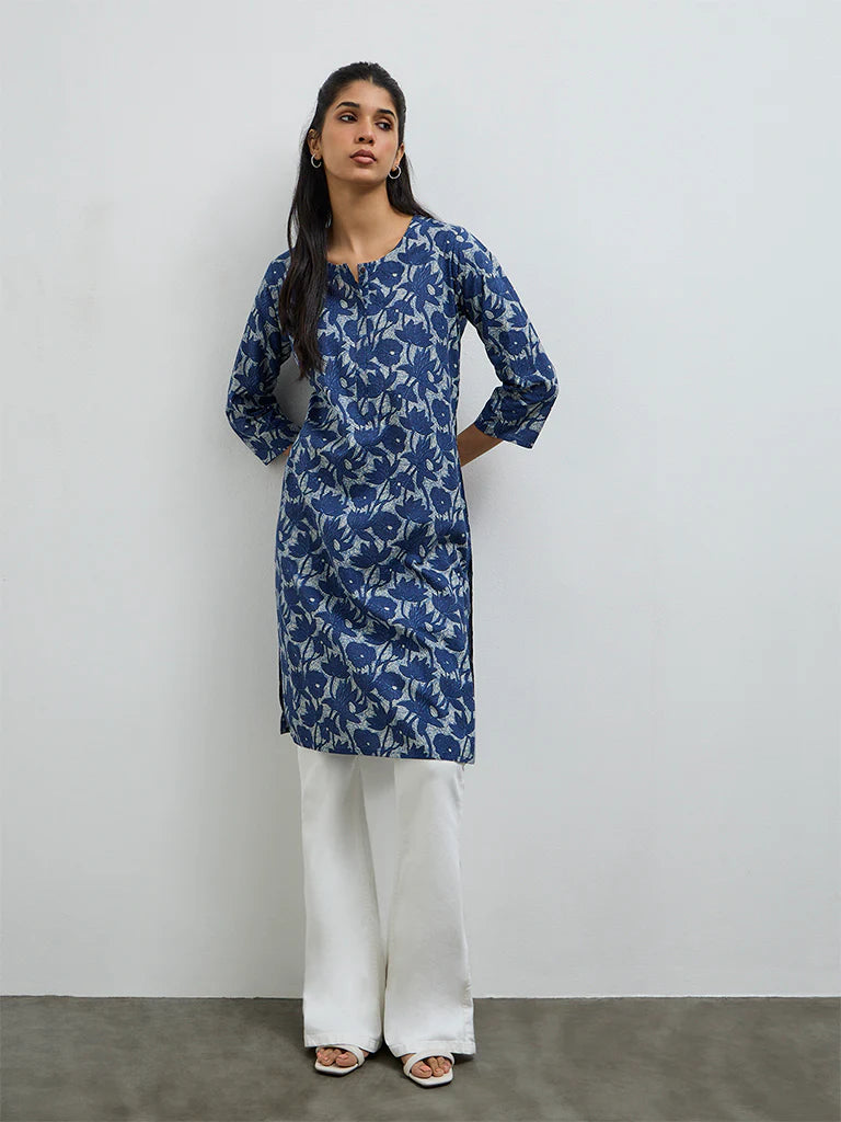 Utsa Indigo Floral Printed Cotton Straight Kurta