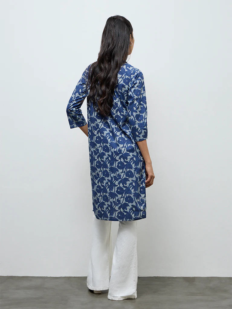 Utsa Indigo Floral Printed Cotton Straight Kurta