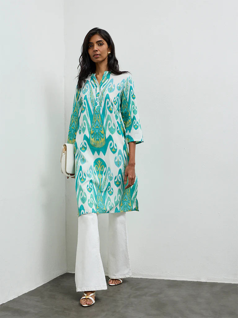 Utsa Aqua Printed A-Line Cotton Kurta