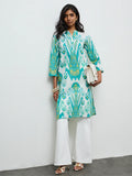 Utsa Aqua Printed A-Line Cotton Kurta