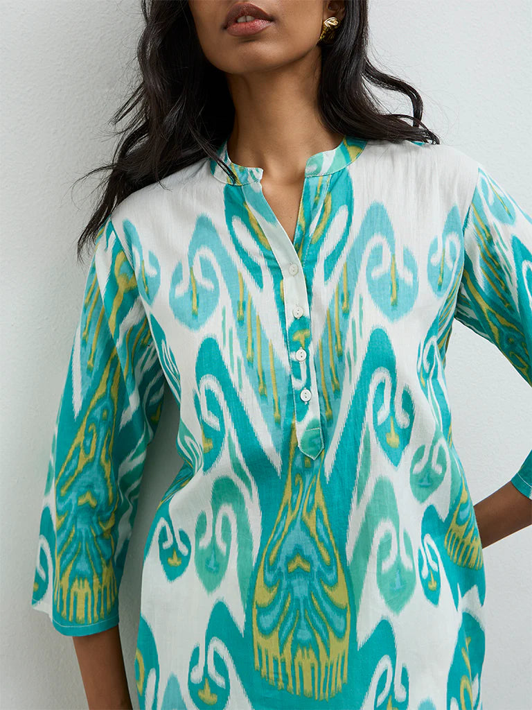 Utsa Aqua Printed A-Line Cotton Kurta