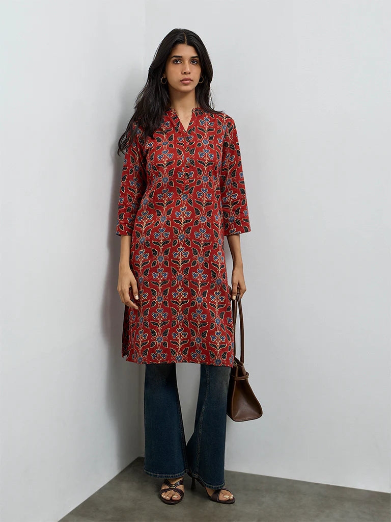 Utsa Maroon Printed Cotton Straight Kurta