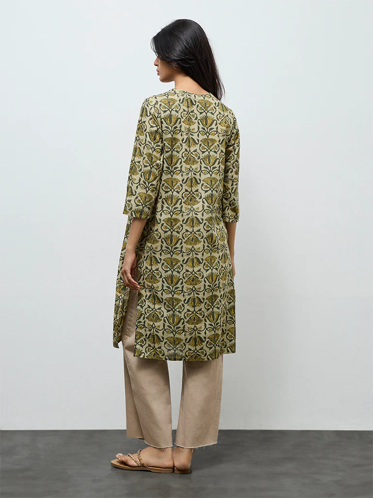 Utsa Green Floral Printed Cotton Straight Kurta