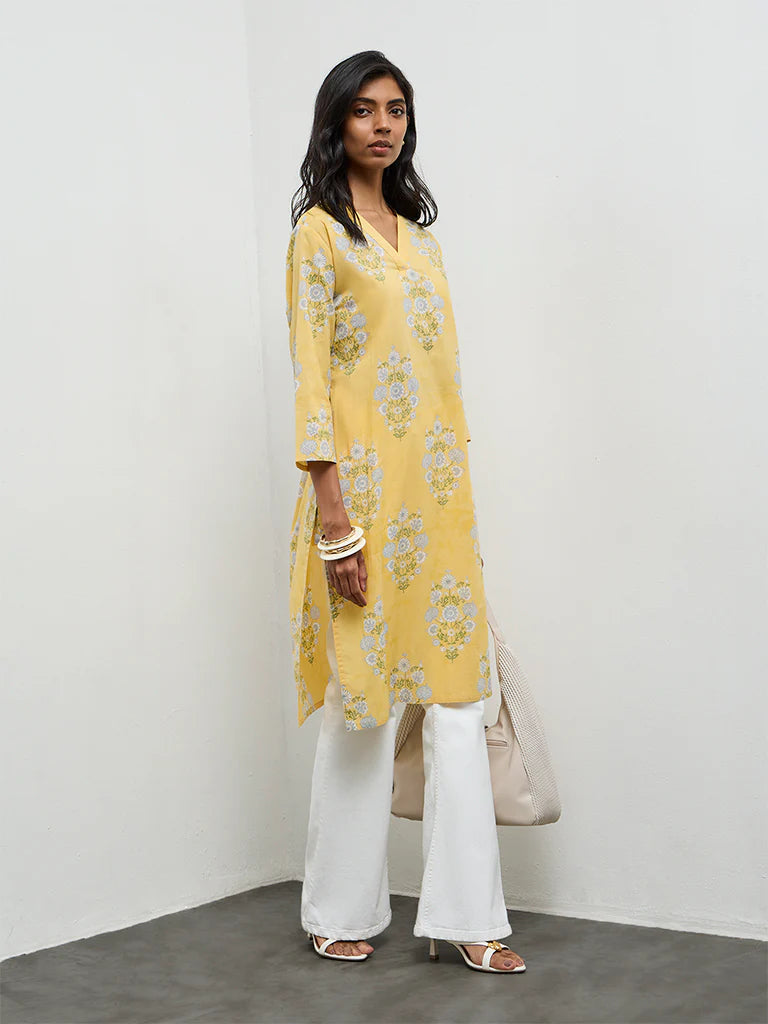Utsa Yellow Floral Printed Straight Cotton Kurta
