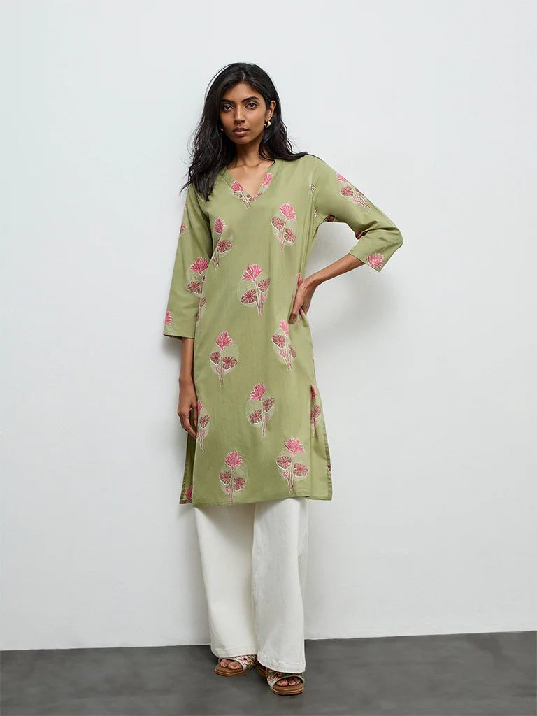Utsa Dark Sage Floral Printed Straight Cotton Kurta