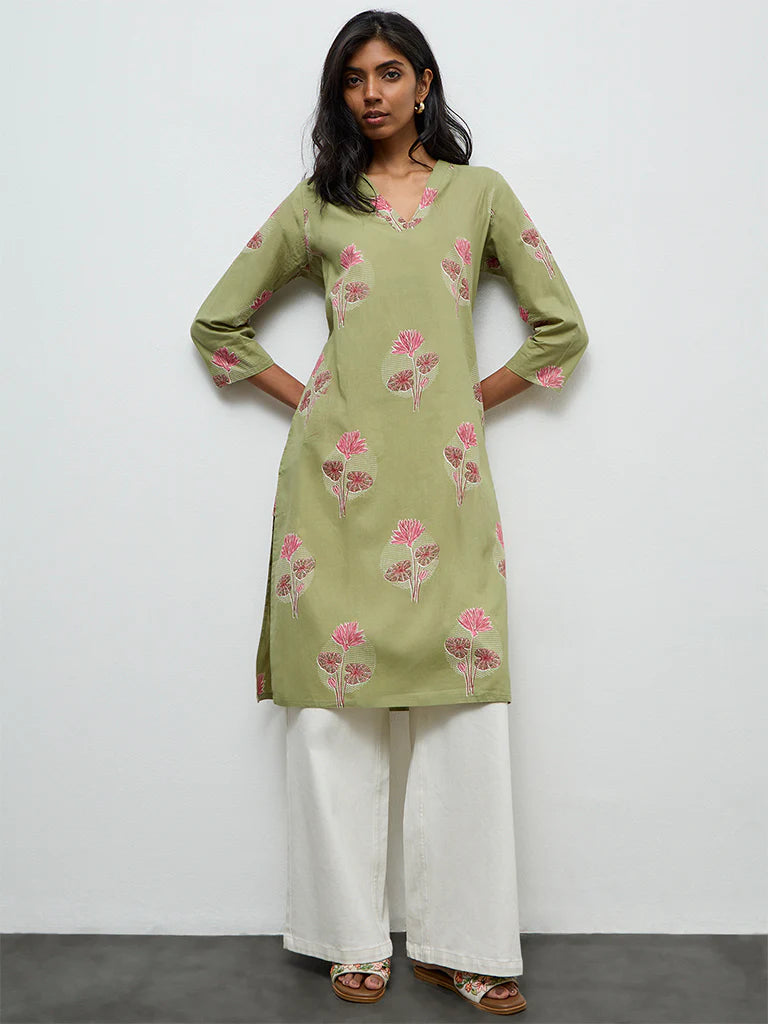 Utsa Dark Sage Floral Printed Straight Cotton Kurta