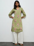 Utsa Dark Sage Floral Printed Straight Cotton Kurta
