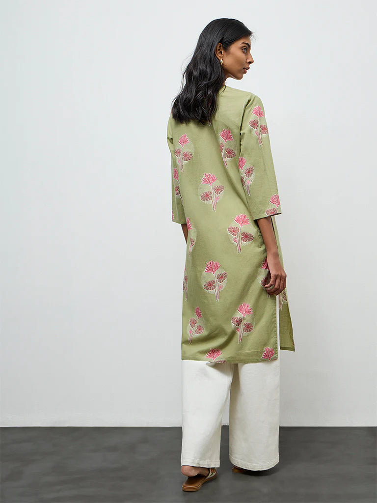Utsa Dark Sage Floral Printed Straight Cotton Kurta
