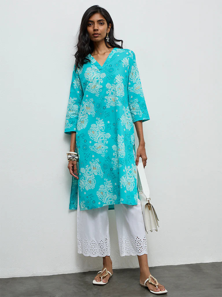 Utsa Aqua Floral Pattern Straight Cotton Kurta