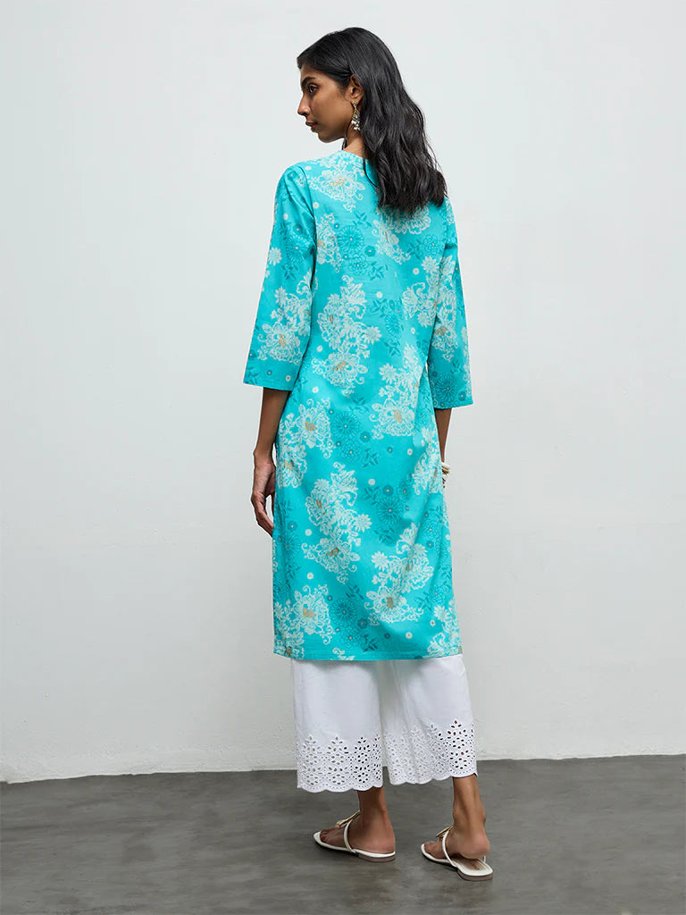Utsa Aqua Floral Pattern Straight Cotton Kurta