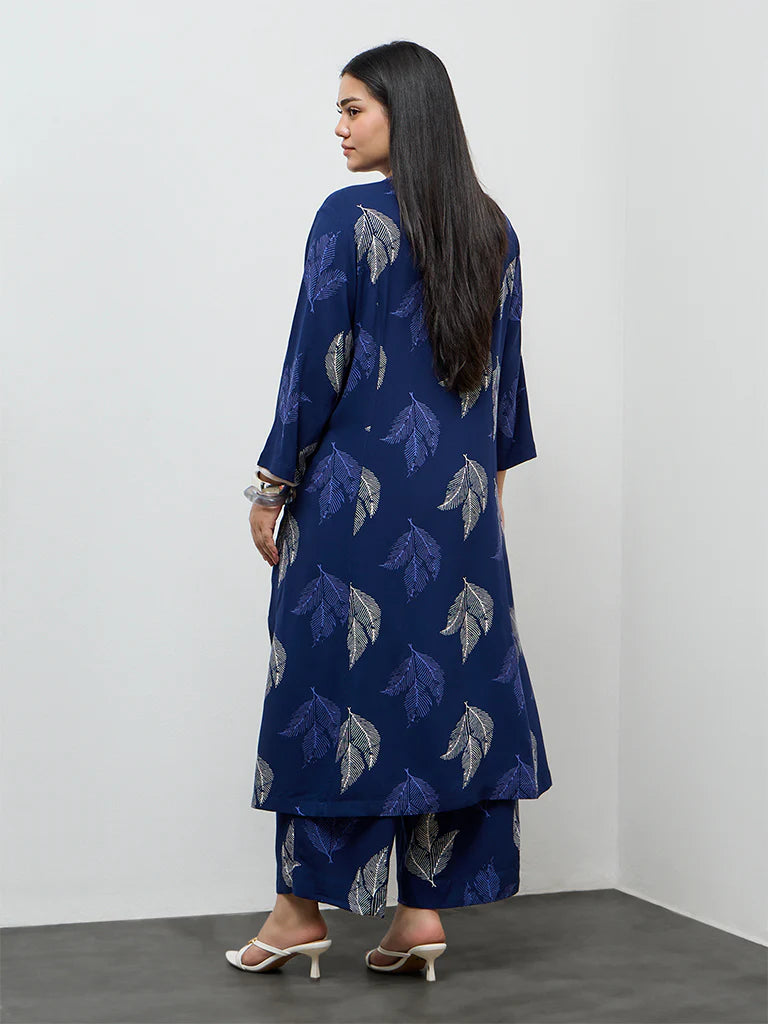 Diza Indigo Foliage Printed A-Line Kurta