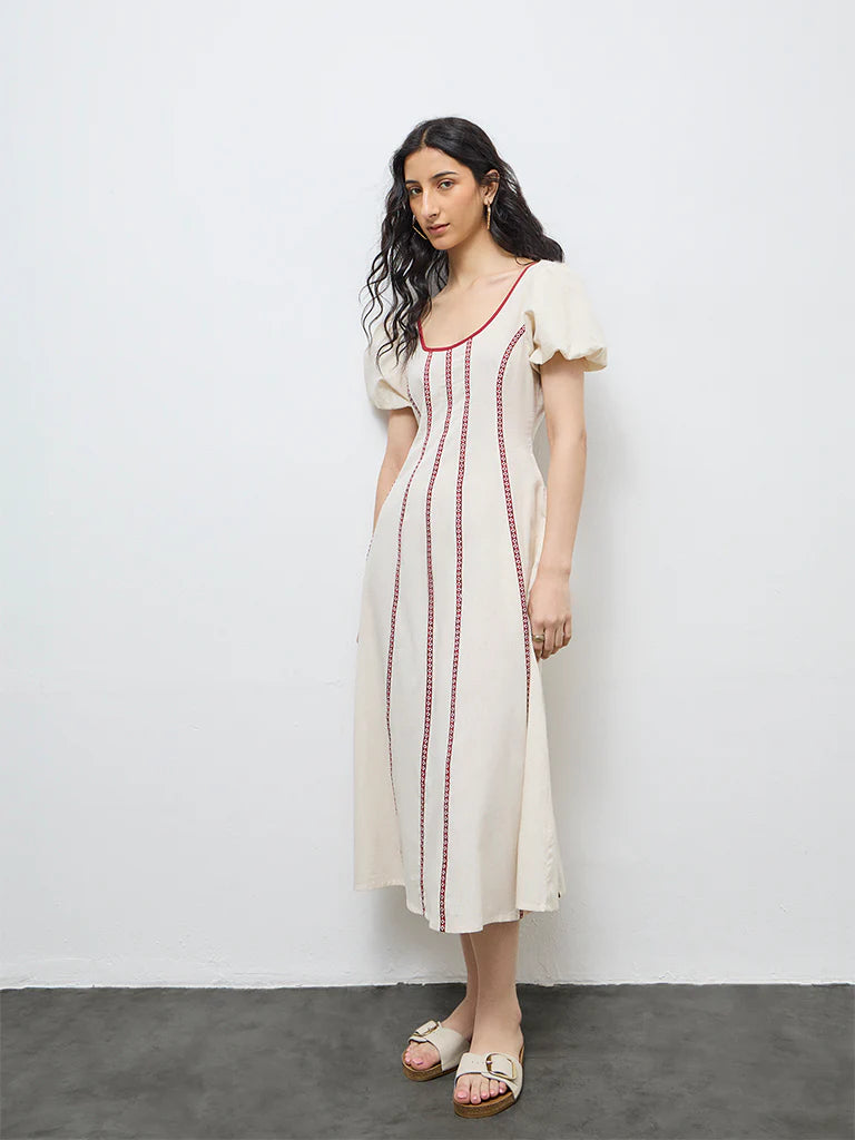 Bombay Paisley White Printed Cotton-Blend A-Line Dress