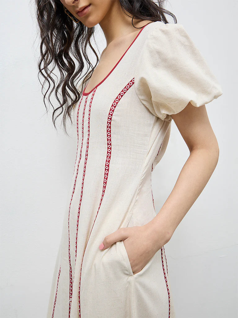 Bombay Paisley White Printed Cotton-Blend A-Line Dress
