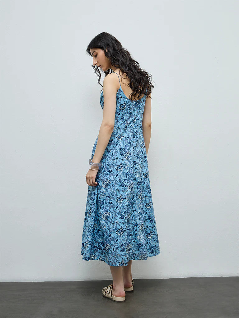 Bombay Paisley Blue Botanical Printed Cotton-Blend A-Line Dress